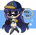  1girl bangs baseball_cap black_footwear blue_background blue_bow blue_eyes blue_headwear blush bow candy chibi commentary_request english_text eyebrows_visible_through_hair eyewear_pull fate/grand_order fate_(series) food full_body grey_legwear hair_between_eyes hair_bow hat highres holding holding_candy holding_food holding_lollipop lollipop long_hair long_sleeves looking_at_viewer meltryllis popo_(popopuri) purple_hair raglan_sleeves shirt short_over_long_sleeves short_sleeves sleeves_past_fingers sleeves_past_wrists solo speech_bubble star_(symbol) sunglasses thighhighs tongue tongue_out twitter_username two-tone_background very_long_hair white_background white_shirt 