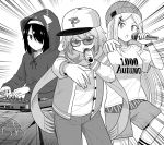  3girls alternate_costume baseball_cap chisaki_tapris_sugarbell closed_mouth denim eyebrows_visible_through_hair gabriel_dropout greyscale hair_ornament hair_over_one_eye hairband hat highres holding holding_microphone hood hood_up hoodie jacket jeans kurona_mei long_hair long_sleeves looking_at_viewer medium_hair microphone monochrome multiple_girls open_mouth pants scarf shinohara_chiaki short_hair short_sleeves sunglasses tenma-gav track_jacket very_long_hair x_hair_ornament 