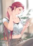  1girl air_pods alternate_hairstyle casual cellphone crop_top gearous highres jewelry lips long_hair musashi_(pokemon) pants phone pokemon pokemon_(anime) ponytail purple_eyes sitting smartphone solo 