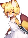  2020 absurd_res accessory alternate_species anthro arknights blonde_hair blush breasts canid canine clothing curtsey curtsy dress fluffy fluffy_tail fox fur furrification hair hair_accessory hi_res inner_ear_fluff kemono looking_at_viewer mammal nervous simple_background small_breasts snout solo tabhead tuft vermeil_(arknights) white_background white_clothing white_dress yellow_body yellow_eyes yellow_fur 