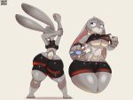  2020 4:3 absurd_res anthro big_breasts big_butt big_ears bodily_fluids bottomwear breasts butt clothed clothing clothing_lift disney female fur glistening glistening_body glistening_clothing grey_body grey_fur hi_res huge_butt judy_hopps lagomorph leporid mammal multicolored_body multicolored_fur purple_eyes rabbit savourysausages scut_tail shadow shirt shirt_lift short_stack shorts solo standing stretching sweat sweaty_breasts sweaty_thighs thick_thighs topwear under_boob water_bottle wide_hips zootopia 