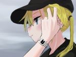  1girl absurdres baseball_cap black_headwear blonde_hair blue_eyes closed_mouth from_side grey_background hand_up hat highres kill_me_baby long_hair nadegata profile simple_background solo sonya_(kill_me_baby) twintails upper_body watch wristwatch 