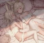  2girls animal_ears ass bangs bare_arms bare_shoulders bed_sheet blush breasts bunny_ears bunny_girl bunny_tail choker closed_eyes closed_mouth collarbone crop_top dress eyebrows_visible_through_hair frilled_pillow frills hair_between_eyes hands_up long_hair lying multiple_girls navel off-shoulder_dress off_shoulder on_back on_side original panties panty_pull pillow profile puffy_short_sleeves puffy_sleeves short_hair short_sleeves silver_hair sleeping small_breasts tail thighhighs underwear white_choker white_dress white_legwear white_panties yutsumoe 