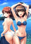  2girls :d armpits ass bikini blue_bikini blush breasts brown_eyes brown_hair cleavage collarbone cowboy_shot day eyebrows_visible_through_hair fubuki_(kantai_collection) green_eyes highres ichikawa_feesu kantai_collection long_hair medium_breasts multiple_girls navel ocean open_mouth polka_dot polka_dot_bikini shirayuki_(kantai_collection) smile sparkle swimsuit water white_bikini 