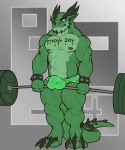  2018 abs abstract_background absurd_res anthro azu_cacti barazoku barbell bodily_fluids body_writing bracelet bulge clothed clothing deadlift digitigrade dragon ear_piercing ear_ring exercise hi_res horn jewelry male muscular muscular_anthro muscular_male navel nightterror nipples pecs piercing quads reptile scalie simple_background solo spiked_bracelet spikes standing sweat underwear underwear_only weightlifting weights workout 