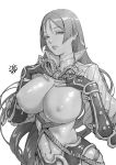  1girl arm_guards armor bangs bodysuit breasts commentary_request covered_navel covered_nipples fate/grand_order fate_(series) fingerless_gloves fingernails fujii_eishun gloves hands_on_own_chest hands_up highres large_breasts lips long_hair looking_at_viewer minamoto_no_raikou_(fate/grand_order) monochrome parted_bangs parted_lips puffy_sleeves shiny shiny_clothes shiny_hair simple_background skin_tight solo turtleneck upper_body white_background 