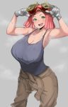  1girl :d armpits blush boku_no_hero_academia breasts cleavage clothes_around_waist gloves goggles goggles_on_head green_eyes hatsume_mei highres hyuuman large_breasts looking_at_viewer navel open_mouth pink_hair smile solo sweat symbol-shaped_pupils tank_top teeth white_gloves 