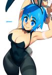  1girl :3 animal_ears april_h._pike_(brekkist) armpits arms_up black_leotard blue_eyes blue_hair breasts brekkist bunny_ears bunny_tail bunnysuit cleavage commentary detached_collar english_commentary eyebrows_visible_through_hair fake_animal_ears fake_tail grey_legwear highres large_breasts leotard looking_at_viewer original pantyhose revision short_hair sleeveless solo tail thighband_pantyhose twitter_username wrist_cuffs 