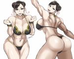  1girl :d ass back bikini black_bikini brown_eyes brown_hair chun-li clenched_hands double_bun earrings heart jewelry looking_at_viewer muscle muscular_female navel open_mouth shibusun simple_background smile street_fighter swimsuit teeth white_background 