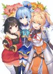  3girls absurdres aqua_(konosuba) armor bandaged_leg bandages bare_shoulders belt black_hair black_legwear blonde_hair blue_eyes blue_hair blue_skirt blush bodysuit braid breasts brown_hair cat chomusuke darkness_(konosuba) dress eyebrows_visible_through_hair fingerless_gloves gloves hair_between_eyes hair_ornament hair_rings highres kono_subarashii_sekai_ni_shukufuku_wo! large_breasts long_hair looking_at_viewer medium_breasts megumin mishima_kurone multiple_girls official_art open_mouth orange_dress ponytail red_dress red_eyes ribbon short_hair short_hair_with_long_locks single_thighhigh skirt smile thighhighs v very_long_hair x_hair_ornament 