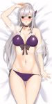  akagi_koku ass_visible_through_thighs azur_lane bikini bikini_tug blue_butterfly blush braid breasts butterfly_hair_ornament choker cleavage crown_braid dunkerque_(azur_lane) dunkerque_(summer_sucre)_(azur_lane) eyebrows_visible_through_hair front-tie_bikini front-tie_top grey_hair hair_ornament highres large_breasts long_hair looking_at_viewer lying on_back purple_bikini red_eyes see-through swimsuit 