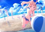  6+girls animal_ears arm_up ayanami_(azur_lane) azur_lane ball bangs bare_legs beach beach_umbrella beach_volleyball beachball bikini bikini_skirt black_bikini black_swimsuit blonde_hair blue_sky breasts camera character_request cleavage cloud collarbone commentary_request day fukunaga_nagisa highres holding holding_camera javelin_(azur_lane) laffey_(azur_lane) lifeguard_chair lying multiple_girls navel ocean on_stomach one-piece_swimsuit open_mouth outdoors pink_bikini pink_hair ponytail red_eyes running sand saratoga_(azur_lane) school_swimsuit sidelocks sky small_breasts standing summer swimsuit tail taking_picture thigh_strap twintails umbrella volleyball_net white_bikini z23_(azur_lane) 