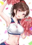  1girl :d arm_up armpits artist_name bare_arms bare_shoulders breasts brown_hair cheerleader collarbone confetti crop_top groin hair_ornament hair_scrunchie hakuda_tofu hand_up highres holding holding_pom_poms kanojo_okarishimasu long_hair looking_at_viewer medium_breasts midriff mizuhara_chizuru motion_blur navel open_mouth pink_eyes pom_poms ponytail scrunchie shirt sidelocks sleeveless sleeveless_shirt smile solo stomach upper_body white_background white_shirt 