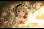  1girl apple blush commentary eyebrows_visible_through_hair fang food fruit green_eyes green_hair hatsune_miku highres holding holding_food holding_fruit letterboxed long_hair looking_at_viewer open_mouth plant sakakidani solo sweatdrop twintails vines vocaloid 