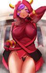  1girl bangs black_panties blush breasts fake_horns gloves highleg highleg_panties highres hitotsuki_nebura horned_headwear horns kagari_(pokemon) large_breasts long_sleeves looking_at_viewer open_mouth panties pokemon pokemon_(game) pokemon_oras purple_eyes purple_hair ribbed_sweater solo sweater swept_bangs team_magma team_magma_uniform thighs underwear 