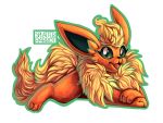  2018 4:3 alpha_channel ambiguous_gender eeveelution eyelashes feral flareon fluffy fur green_eyes hair hi_res inner_ear_fluff lying mammal nintendo orange_body orange_fur pok&eacute;mon pok&eacute;mon_(species) simple_background smile_open splatterparrot tongue transparent_background tuft video_games yellow_body yellow_fur 