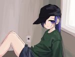  1girl absurdres black_headwear blue_shorts blush_stickers closed_mouth empty_eyes feet_out_of_frame from_side goshiki_agiri green_shirt hat highres kill_me_baby long_hair long_sleeves looking_at_viewer looking_to_the_side nadegata purple_eyes purple_hair shirt shorts sitting solo window 