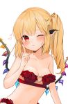  1girl bangs bare_shoulders bat_wings bikini blonde_hair blush breasts cleavage closed_mouth collarbone crystal eyelashes fang flandre_scarlet frilled_bikini frills gotoh510 hair_between_eyes head_wings heart highres index_finger_raised long_hair looking_at_viewer medium_breasts medium_hair navel no_hat no_headwear o-ring o-ring_bikini o-ring_top one_eye_closed pointy_ears red_bikini red_eyes side_ponytail sidelocks simple_background skin_fang small_breasts solo standing stomach strapless strapless_bikini sweatdrop swimsuit symbol_commentary touhou white_background wings 