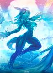  absurd_res anthro big_breasts blue_body breasts dragon ear_piercing ear_ring elemental_creature featureless_breasts featureless_crotch female hi_res kardie nude piercing solo text url water water_creature 