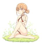  1girl bangs bare_arms bare_legs bare_shoulders barefoot bikini blush breasts brown_bikini brown_hair closed_mouth collarbone criss-cross_halter eyebrows_visible_through_hair full_body hair_between_eyes hair_bun halter_top halterneck hand_up hatsunatsu knee_up looking_at_viewer on_grass red_eyes sidelocks sitting small_breasts solo swimsuit white_background xiaoyuan_(you_can_eat_the_girl) you_can_eat_the_girl 