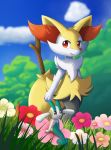  2020 anthro black_body black_fur bokurei braixen canid canine cheek_tuft chest_tuft cloud duo elemental_creature eyebrows facial_tuft female floette flora_fauna flower fur grass hi_res inner_ear_fluff mammal nintendo orange_body orange_fur orange_nose pink_flower plant pok&eacute;mon pok&eacute;mon_(species) red_flower shoulder_tuft sitting sky smile standing tuft video_games walking white_body white_flower white_fur yellow_body yellow_fur 