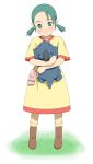  1girl bag blush brown_footwear dress erin full_body green_eyes handbag ichikawa_masahiro kemono_no_souja_erin short_sleeves short_twintails smile solo standing touda twintails yellow_dress 