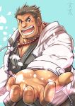  1boy bara beard black_hair body_hair bunta_ru chest chest_hair facial_hair forehead_scar highres looking_at_viewer male_focus manly mononobe_kyoma_(tokyo_houkago_summoners) muscle open_clothes pectorals petals simple_background solo thick_eyebrows tokyo_houkago_summoners upper_body 