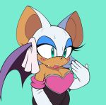  armwear blush bodily_fluids breasts chiropteran cleavage clothed clothing elbow_gloves fanning_self female fully_clothed gloves handkerchief handwear kerchief mammal omegasunburst rouge_the_bat simple_background solo sonic_the_hedgehog_(series) sweat wings 