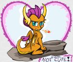  blush cute_fangs dragon english_text fangs feral fire friendship_is_magic green_eyes hasbro hi_res looking_at_viewer looking_back my_little_pony orange_body orange_scales pupils reptile sallycars scales scalie sharp_teeth sitting slit_pupils smolder_(mlp) teeth text tsundere wings 