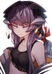  1girl bangs bare_shoulders breasts cluseller eyebrows_visible_through_hair highres horn_ornament horns long_hair original ponytail purple_eyes purple_hair simple_background solo sportswear white_background 