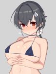  1girl alternate_costume bikini black_hair blue_bikini blush breasts curvy grey_background hair_flaps hair_ornament highres jingei_(kantai_collection) kantai_collection large_breasts long_hair micro_bikini navel red_eyes rose_neru simple_background solo sweatdrop swimsuit upper_body 