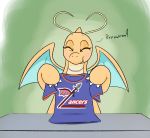  antennae_(anatomy) anthro blue_body blush claws clothing dragonite english_text eyelashes eyes_closed fangs female heir-of-rick holding_object multicolored_body nintendo orange_body pok&eacute;mon pok&eacute;mon_(species) reptile scalie shirt tan_body text topwear video_games wings 