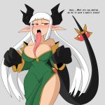  1:1 animal_humanoid between_breasts big_breasts blush bow breasts cleavage clothed clothing dialogue dragon dragon_humanoid dress english_text female gkvalhalla green_clothing green_dress grey_background hair heterochromia hi_res horn humanoid humanoid_pointy_ears long_tongue simple_background solo text tongue tongue_out white_hair wide_hips 