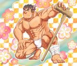  1boy abs bandages bara beard black_hair body_hair bunta_ru chest chest_hair facial_hair forehead_scar full_body fundoshi japanese_clothes looking_at_viewer male_focus manly mononobe_kyoma_(tokyo_houkago_summoners) muscle pectorals revealing_clothes simple_background solo thick_eyebrows tokyo_houkago_summoners 