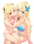  2girls bangs bikini black_ribbon blonde_hair blue_bikini blue_eyes blush boku_wa_tomodachi_ga_sukunai breasts butterfly_hair_ornament cait cleavage collarbone commentary_request eating eyebrows_visible_through_hair feet_out_of_frame flat_chest food front-tie_top hair_ornament hasegawa_kobato heterochromia ice_cream kashiwazaki_sena large_breasts licking long_hair multiple_girls navel pink_bikini red_eyes ribbon side-tie_bikini sidelocks swimsuit thighs tongue tongue_out twintails white_background 