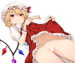  1girl ass_visible_through_thighs bangs bar_censor blonde_hair blush bow censored closed_mouth commentary crystal dress dress_lift dutch_angle eyebrows_visible_through_hair fang flandre_scarlet frilled_skirt frills from_below hair_between_eyes hat hat_ribbon highres lifted_by_self looking_at_viewer looking_down miyo_(ranthath) mob_cap navel no_panties one_side_up open_mouth puffy_short_sleeves puffy_sleeves red_bow red_eyes red_ribbon ribbon short_hair short_sleeves simple_background skirt smile solo standing thighs touhou white_background white_headwear wings 