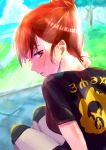  1girl absurdres akisame_kanon bangs black_shirt blush breasts brown_eyes brown_hair cloud commentary_request day eyelashes grass hand_on_own_neck highres huge_filesize knee_pads looking_at_viewer looking_back outdoors parted_lips pokemon pokemon_(game) pokemon_swsh shiny shiny_hair shirt short_hair short_sleeves sky solo sweat teeth tree yuuri_(pokemon) 