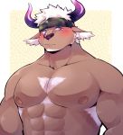  1boy abs animal_ears bara chest chest_hair dark_skin dark_skinned_male furry headband horns looking_at_viewer male_focus muscle nipples pectorals purple_eyes purple_horns shennong_(tokyo_afterschool_summoners) simple_background solo tokyo_houkago_summoners udon_oneday upper_body white_hair 