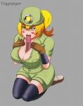  big_breasts blonde_hair breasts clothing eyebrow_through_hair eyebrows female genitals gloves goomba goombella hair handwear headgear hi_res huge_breasts humanoid legwear licking male male/female mario_bros nintendo oral paper_mario paper_mario_the_thousand_year_door penile penis penis_lick sex smile thigh_highs titfuck tongue tongue_out translucent translucent_hair triggerpigking video_games yellow_eyes 