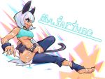  1girl animal_ears aqua_shirt bangs bare_shoulders barefoot belt blue_eyes blue_legwear blue_panties blunt_bangs breasts cat_ears cat_tail character_name chromatic_aberration claws commentary covered_nipples crop_top dark_skin english_text eyebrows_visible_through_hair fang full_body grey_hair happy large_breasts ms._fortune_(skullgirls) navel open_mouth panties pouch scar shiny shiny_skin shirt short_hair skullgirls sleeveless sleeveless_shirt smile solo stomach suigi tail torn_clothes underboob underwear 