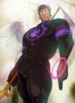  1boy angel angel_wings bara beard black_hair bodysuit bulge chest columns_ke covered_abs covered_nipples facial_hair halo looking_at_viewer male_focus manly muscle nether_angel_(tokyo_houkago_summoners) pectorals simple_background solo thick_eyebrows thick_thighs thighs tokyo_houkago_summoners upper_body wings 
