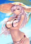  1girl algerie_(azur_lane) algerie_(white_sand_angel)_(azur_lane) azur_lane bangle bare_arms bare_shoulders bikini bracelet breast_hold breasts brown_headwear cleavage cloud cowboy_shot day detached_collar drill_hair earrings flower groin halter_top halterneck hand_up hat hat_flower highres itaco jewelry large_breasts long_hair looking_at_viewer mole mole_under_eye multi-strapped_bikini nail_polish navel outdoors purple_eyes silver_hair sky smile solo stomach strap_gap straw_hat swimsuit twin_drills white_bikini 