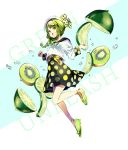  1girl bow braid food fruit green_eyes green_footwear green_hair green_nails hat hat_bow high-waist_skirt highres kiwifruit lime_(fruit) lime_slice long_sleeves okutani_toro open_mouth original polka_dot polka_dot_bow polka_dot_skirt sailor_collar skirt solo 