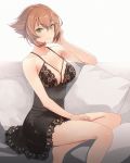  1girl bangs bare_shoulders barefoot blush breasts brown_hair closed_mouth collarbone eyebrows_visible_through_hair green_eyes hair_between_eyes kantai_collection kasumi_(skchkko) lace large_breasts lingerie looking_at_viewer mutsu_(kantai_collection) negligee short_hair sidelocks sitting smile solo thighs underwear 