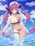  1girl :o anchor_symbol bangs bare_legs bare_shoulders barefoot bikini black_ribbon blue_hair blue_sky blunt_bangs blush bottle braid breasts cleavage cloud collarbone day eyebrows_visible_through_hair frills front-tie_bikini front-tie_top hair_ribbon highres holding holding_bottle hololive jayamon large_breasts leg_up light_rays long_hair long_sleeves looking_at_viewer maid_headdress minato_aqua multicolored_hair ocean open_clothes open_mouth open_shirt outdoors purple_eyes purple_hair ribbon see-through side-tie_bikini sky solo sparkle standing standing_on_one_leg striped striped_bikini sunbeam sunlight swimsuit thigh_strap twintails two-tone_hair very_long_hair virtual_youtuber wading water_bottle water_drop yellow_ribbon 