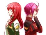  2girls bangs closed_mouth eyebrows_visible_through_hair flay_allster from_side green_jacket gundam gundam_seed gundam_seed_destiny hair_between_eyes jacket long_hair long_sleeves lunamaria_hawke military_jacket morihaw multiple_girls pink_hair profile purple_eyes red_hair red_jacket shiny shiny_hair short_hair simple_background sketch tears upper_body white_background 