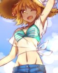  1girl ;d aqua_bikini arm_up bikini bikini_top blonde_hair blue_background cagalli_yula_athha collarbone groin gundam gundam_seed hat midriff morihaw navel one_eye_closed open_mouth shiny shiny_hair shirt short_sleeves smile solo standing stomach straw_hat striped striped_bikini sun_hat swimsuit tied_shirt white_shirt yellow_eyes 