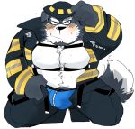  2020 anthro barazoku black_nose blush bottomwear bulge canid canine canis clothing domestic_dog firefighter fur hat headgear headwear hyaku_(artist) kemono male mammal pants simple_background solo underwear white_background white_body white_fur 