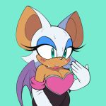  armwear blush bodily_fluids breasts chiropteran cleavage clothed clothing elbow_gloves fanning_self female fully_clothed gloves handwear mammal omegasunburst rouge_the_bat simple_background solo sonic_the_hedgehog_(series) sweat wings 