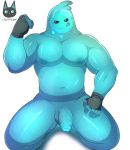  2020 absurd_res balls big_muscles blue_balls blue_body blue_glans blue_penis clothing epic_games fermrviper fingerless_gloves flaccid fortnite genitals glans gloves goo_creature goo_humanoid handwear hi_res humanoid kneeling male muscular muscular_male navel nipples not_furry partially_retracted_foreskin pecs penis raised_arm rippley simple_background smile solo tongue tongue_out uncut video_games white_background 